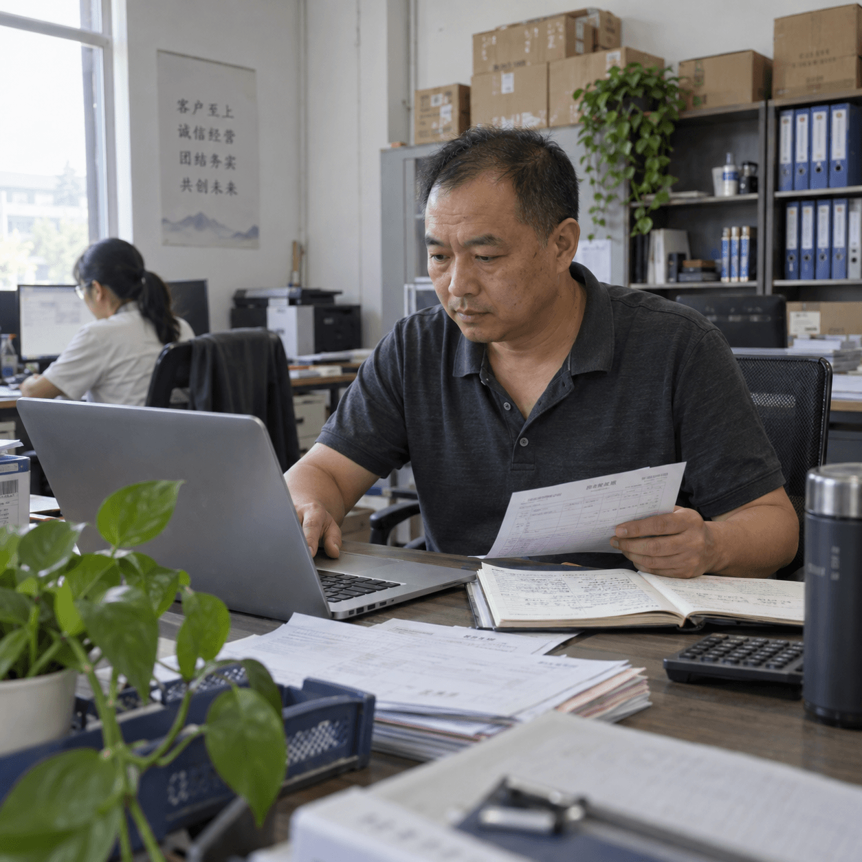 小公司经营者在普通办公室对照纸质订单处理业务,AI 场景示意